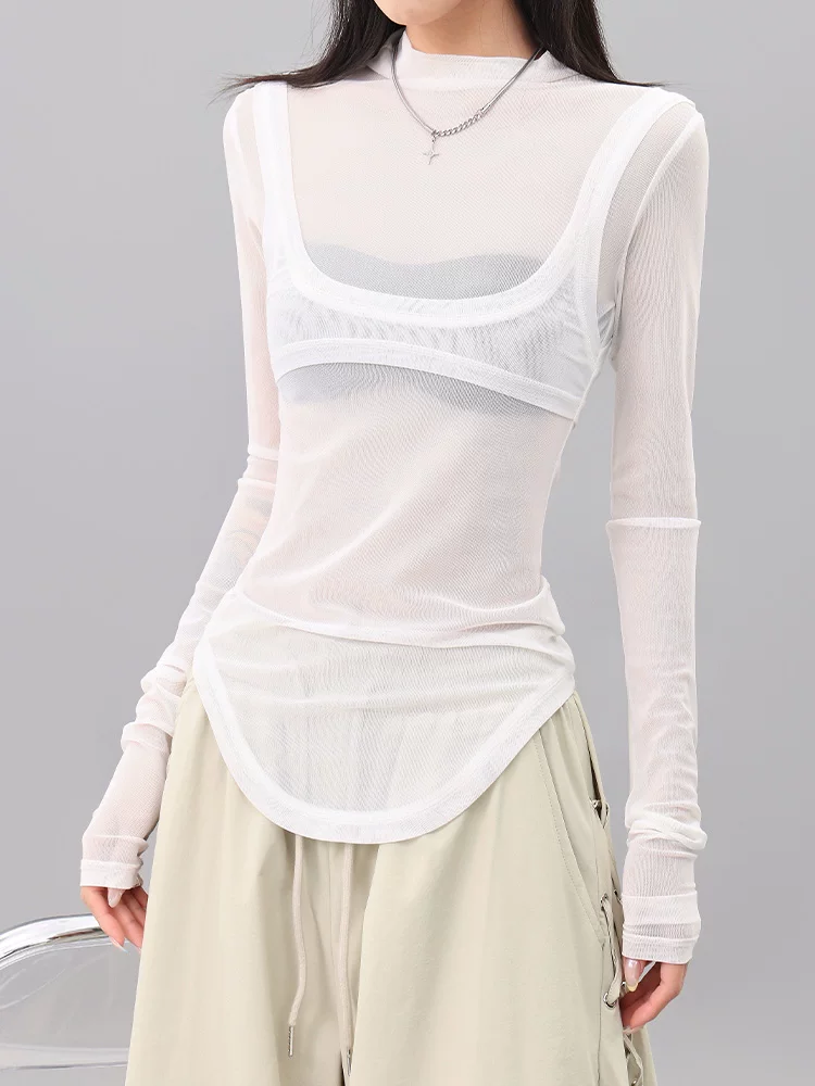 Áo thun dài tay giả hai mảnh phối lưới trắng KEN STUDIO dành cho nữ, áo dáng ôm vừa vặn mùa hè mới