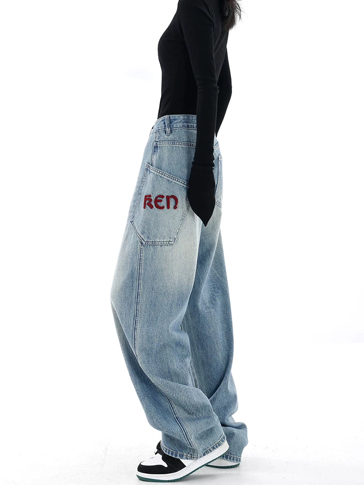 KEN STUDIO thiết kế độc đáo quần jean denim thêu thêu dành cho nữ có túi lớn, lưng cao, quần ống rộng cổ điển, quần ống thẳng