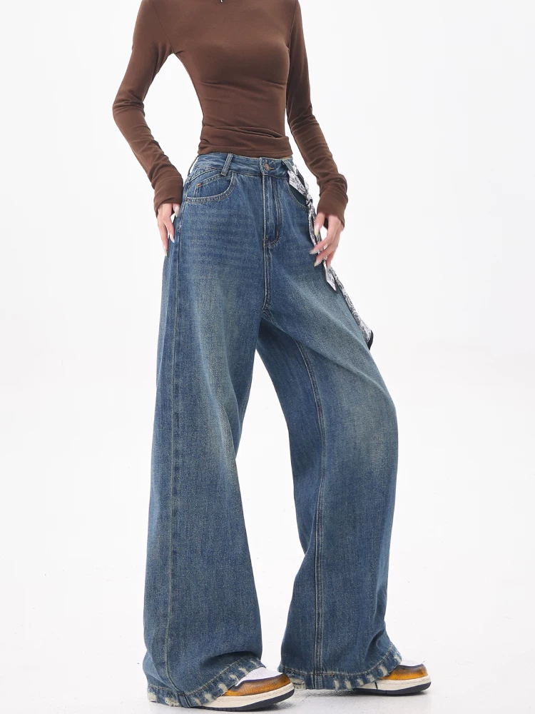 Quần jean lụa thiết kế cổ điển của KEN STUDIO dành cho nữ, quần ống rộng cạp cao mới được giặt mùa hè