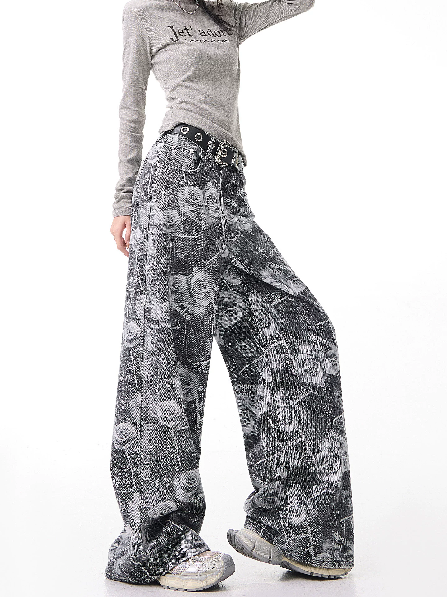 KEN STUDIO thiết kế cổ điển quần jean in hoa hồng dành cho nữ mùa xuân thu quần ống rộng lưng cao mới