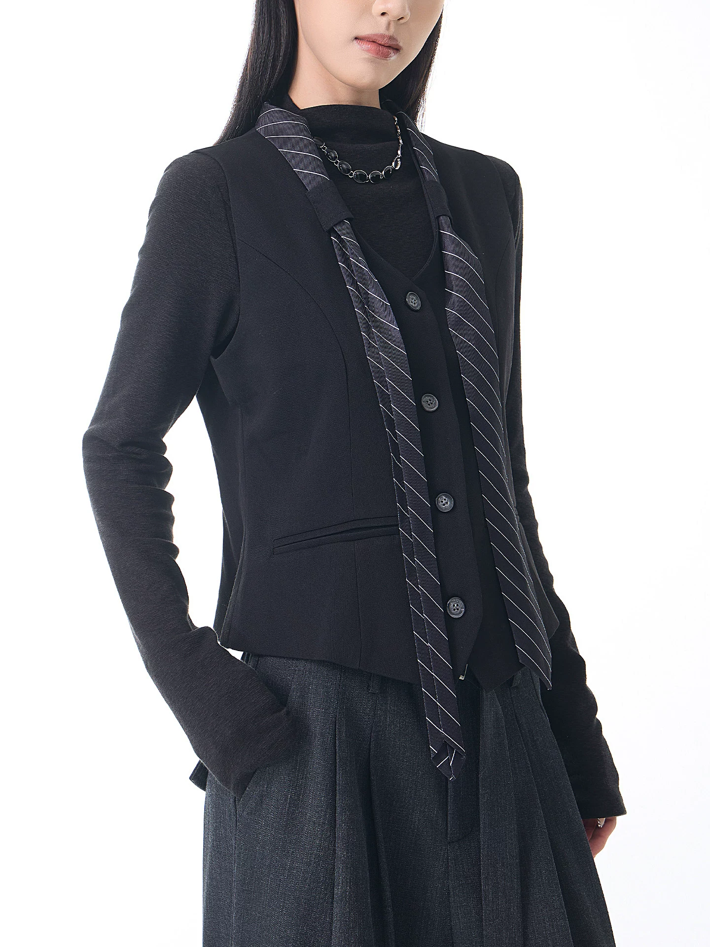 KEN STUDIO Xuân Thu Mới Màu Đen Không Tay Phù Hợp Với Áo Vest Nữ Cổ Chữ V Sọc Thắt Nơ Slim Fit Áo Vest Áo Khoác