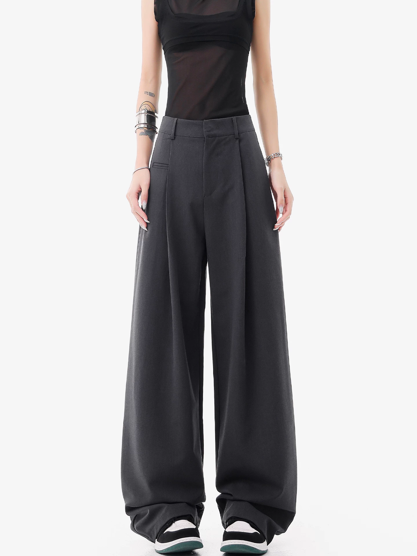 KEN STUDIO quần âu thường ngày màu xám mới mùa hè dành cho nữ, thiết kế thon gọn và che phủ cơ thể, quần ống rộng, quần công sở