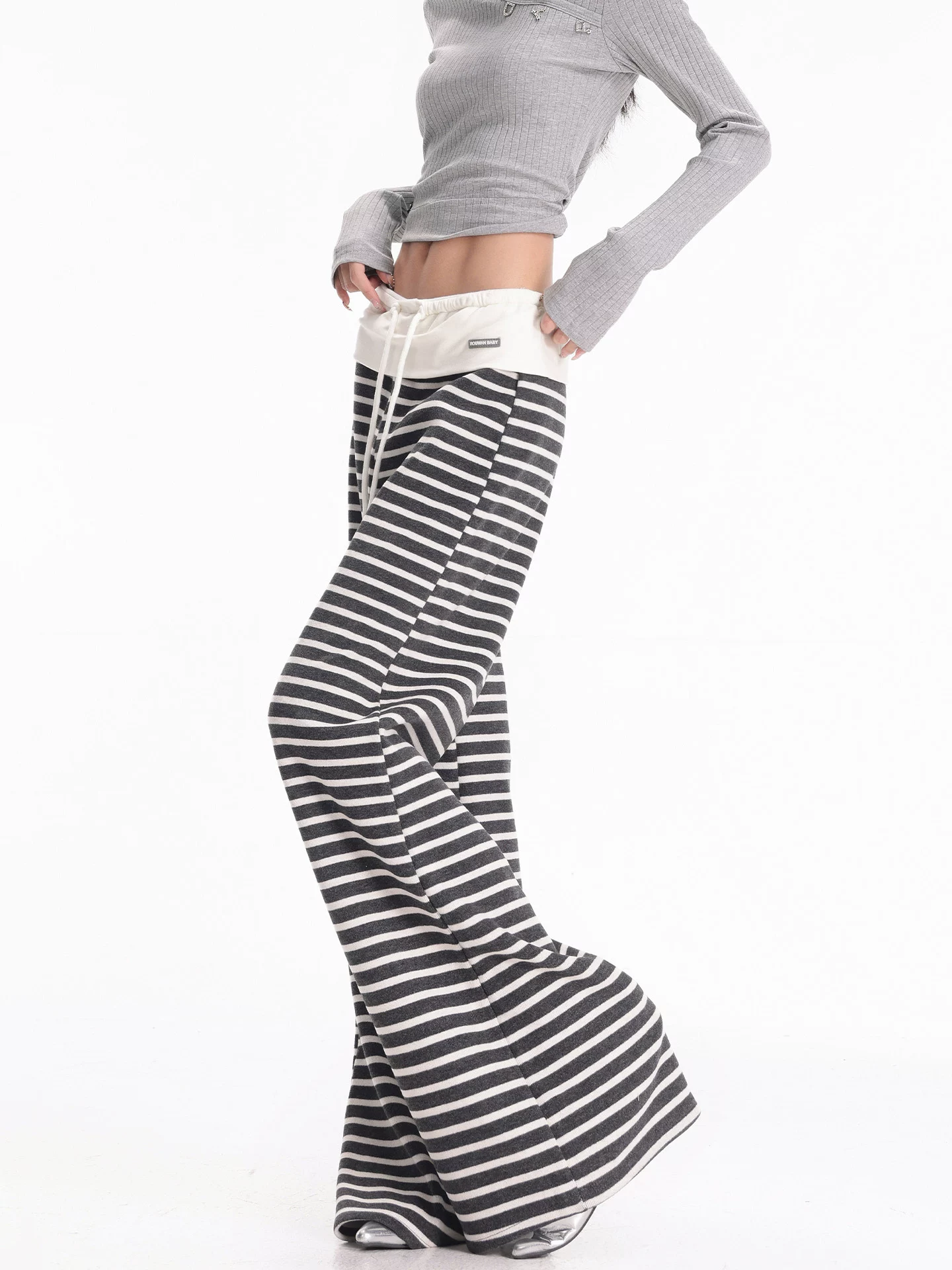 KEN STUDIO quần dài sọc kẻ màu phối màu mùa thu đông mới có lót lông cừu quần ống rộng dáng rộng đa năng quần dài đến sàn