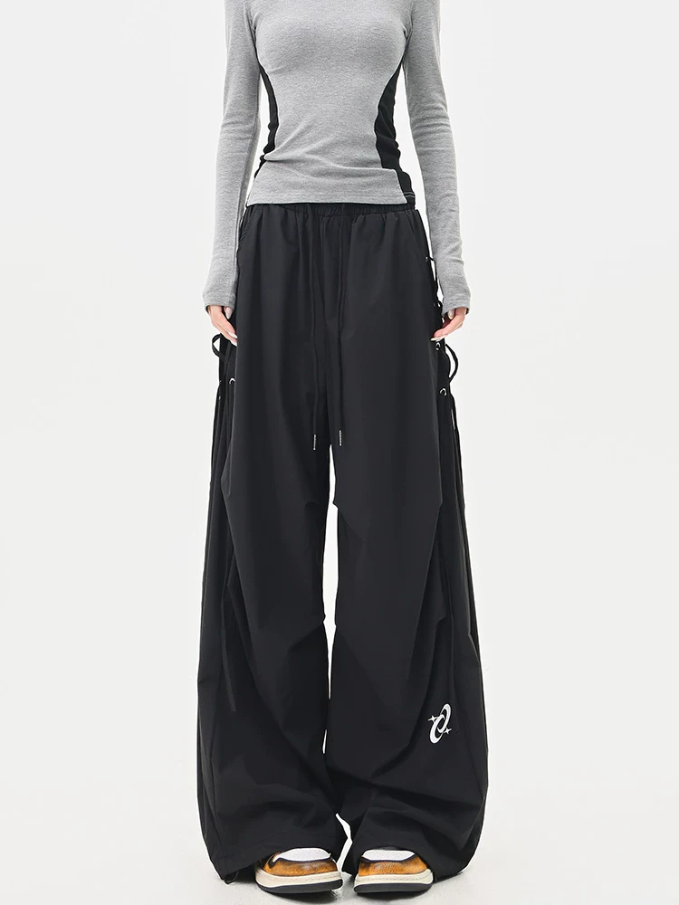 KEN STUDIO thương hiệu thời trang đường phố quần ren đen buộc dây nhanh khô dành cho nữ mùa hè quần ống rộng có dây rút quần khiêu vũ nhạc jazz