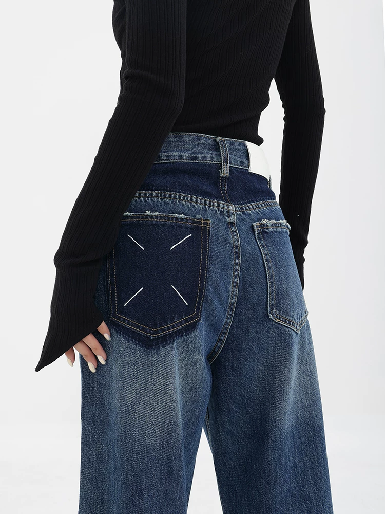 Quần jeans nữ ống đứng lót lông mùa thu đông KEN STUDIO2025, quần ống rộng cạp cao màu xanh cổ điển