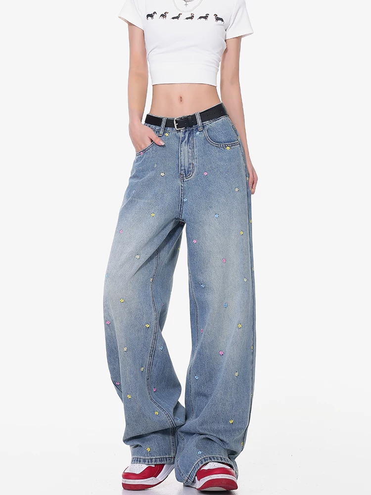 KEN STUDIO mùa hè mới quần jean thêu hoa nhiều màu sắc dành cho nữ quần ống rộng dáng rộng phong cách retro đã giặt