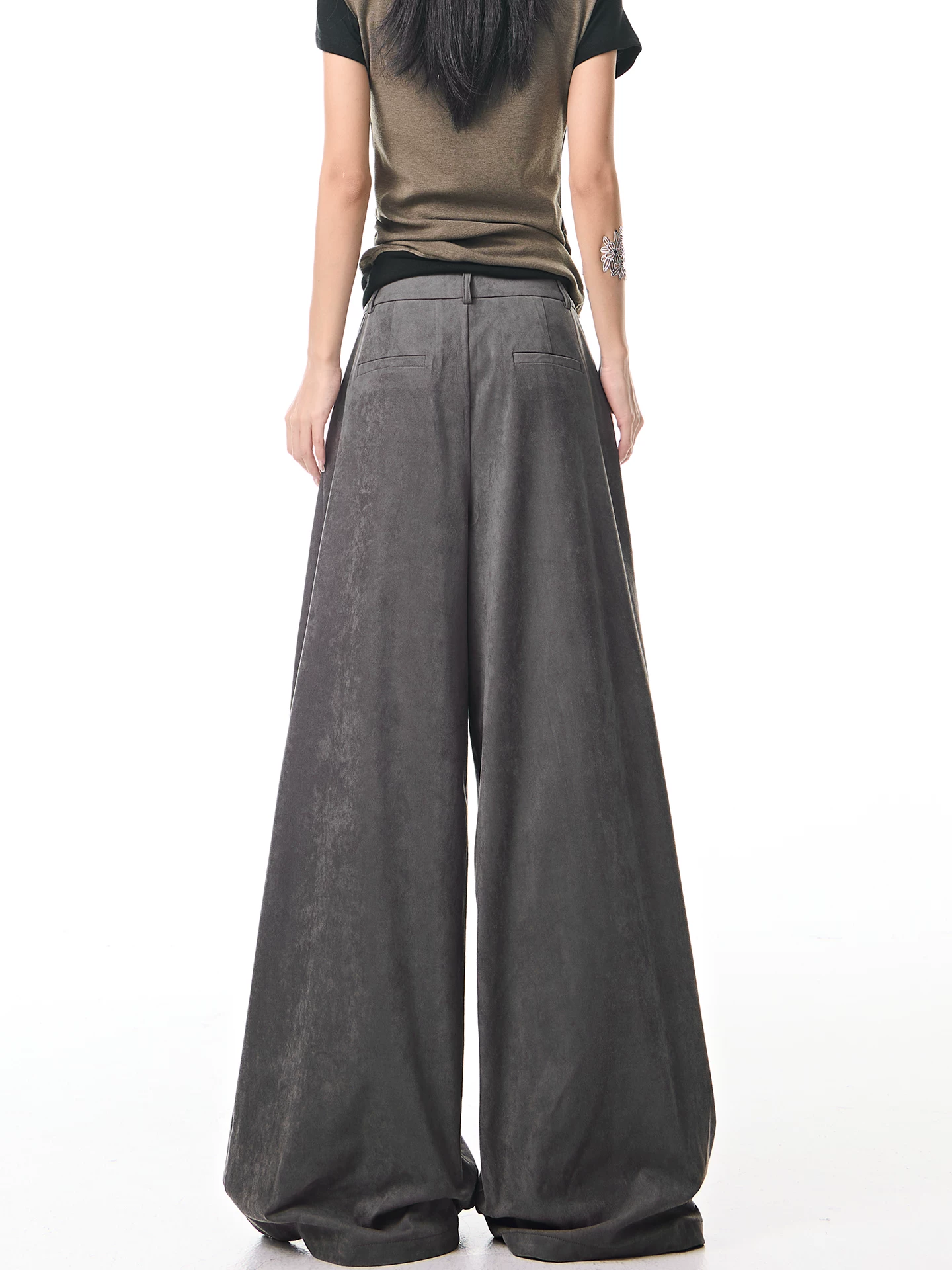 KEN STUDIO Quần tây ống rộng da lộn màu xám thu đông mới dành cho nữ, quần cạp cao, dáng rộng, quần thường ngày giúp giảm béo