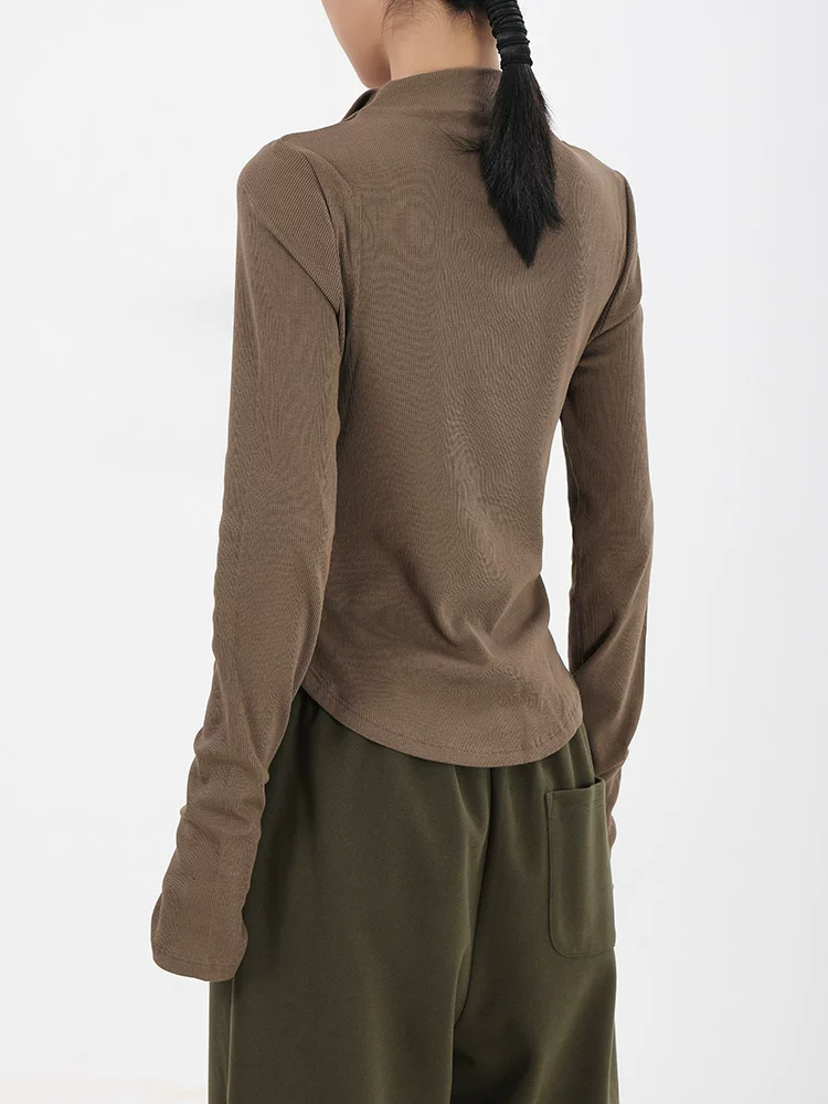 KEN STUDIO Áo thun dài tay dáng ôm màu cà phê mới mùa xuân thu dành cho nữ, áo sơ mi thiết kế dây kéo giả hai mảnh