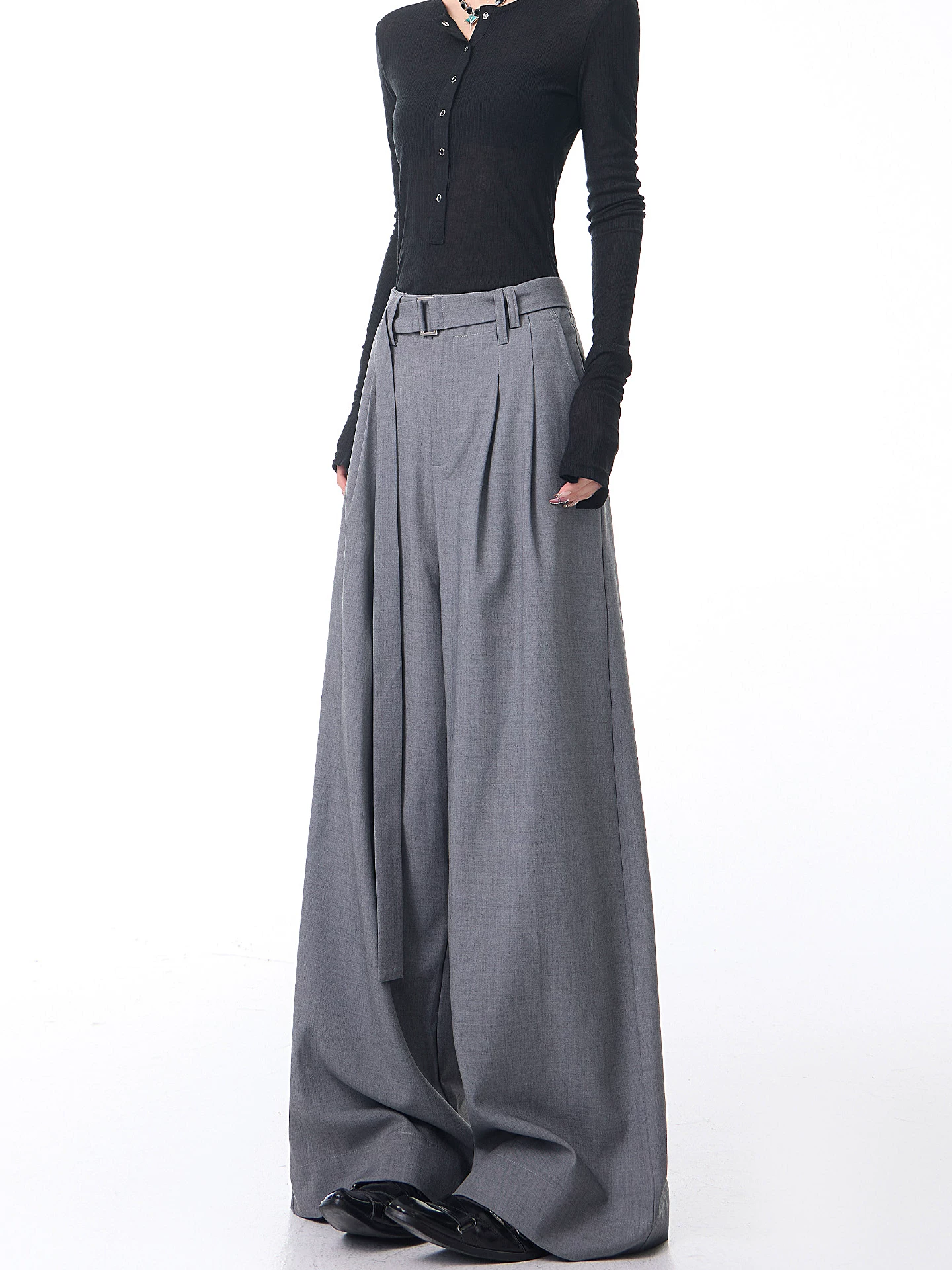 KEN STUDIO Xuân Thu Mới Màu Xám Xếp Ly Quần Tây Nữ Cao Cấp Dáng Rộng Giảm Béo Quần Dài Đến Tầng