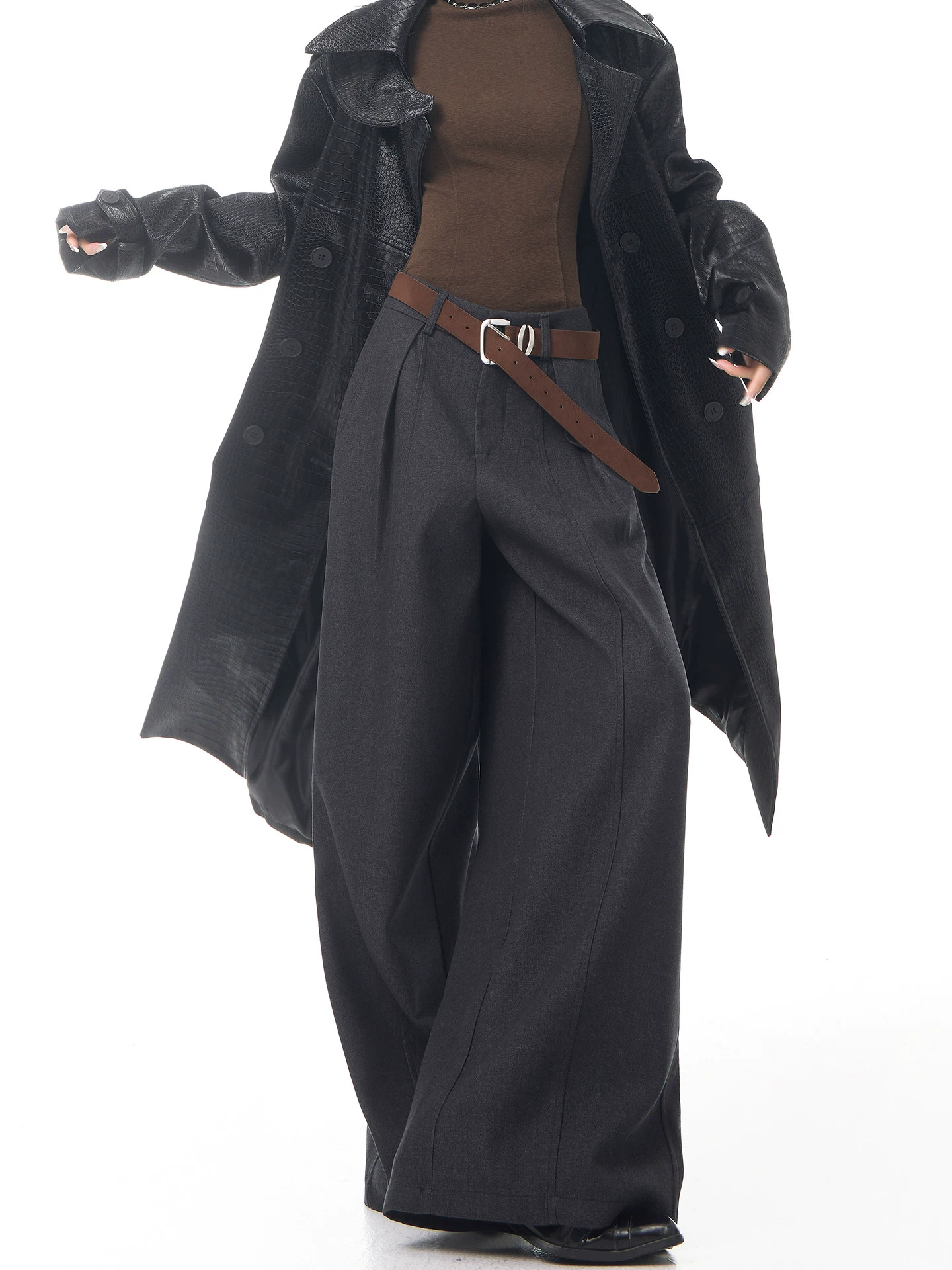 KEN STUDIO Quần tây ống rộng len màu xám thu đông mới dành cho nữ, quần cạp cao, tôn dáng, quần dài xếp nếp