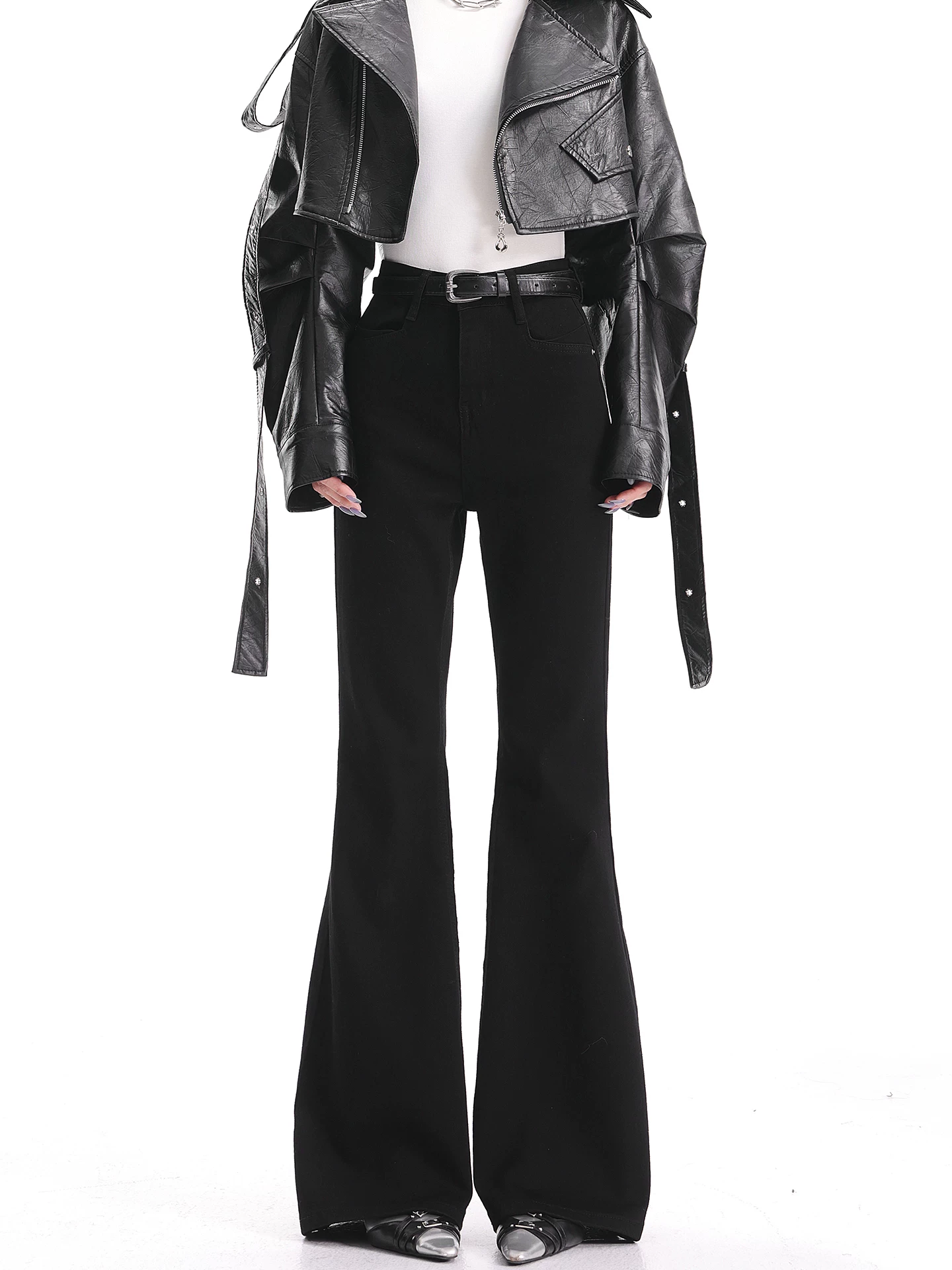 Quần jean bootcut màu đen cổ điển thu đông của KEN STUDIO dành cho nữ, quần ống loe cạp cao, co giãn, ôm sát, tôn dáng