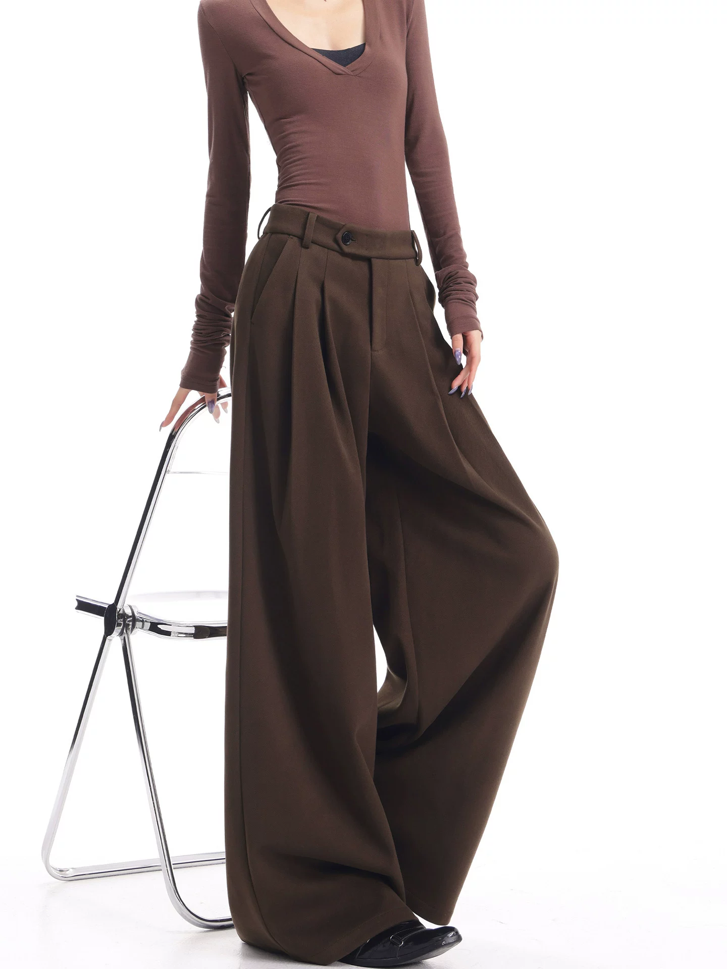 KEN STUDIO Quần âu ống rộng màu cà phê mới dành cho nữ mùa thu đông, chất liệu len dày, xếp ly, quần dài đa năng.