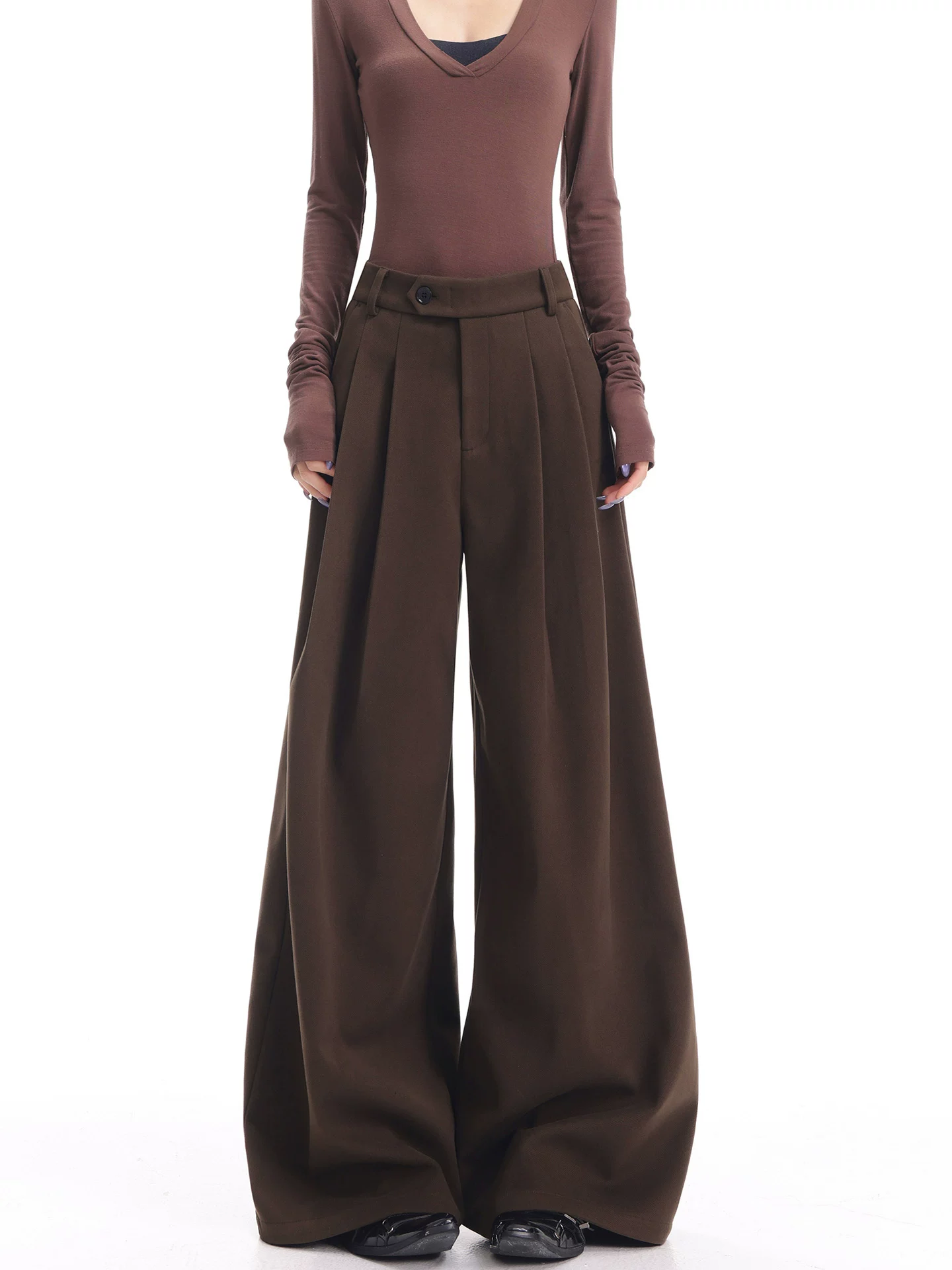 KEN STUDIO Quần âu ống rộng màu cà phê mới dành cho nữ mùa thu đông, chất liệu len dày, xếp ly, quần dài đa năng.