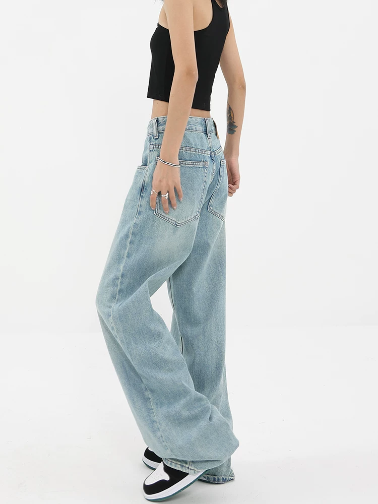KEN STUDIO quần jean màu xanh nhạt siêu mềm cơ bản mùa thu và mùa hè dành cho nữ quần ống rộng dài đến sàn