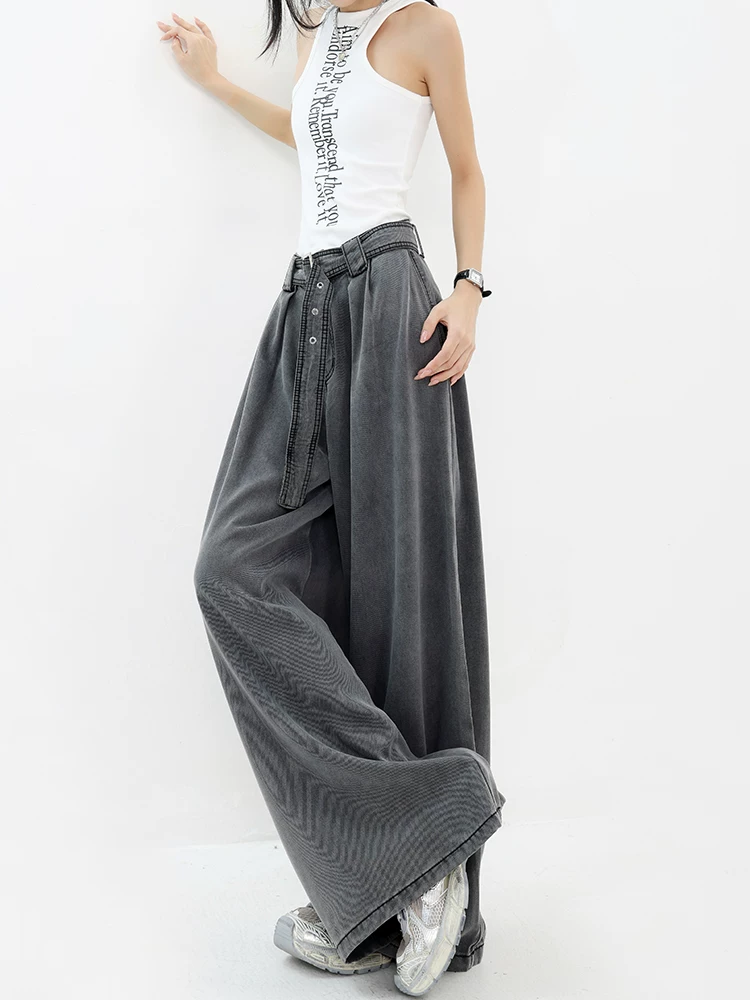 KEN STUDIO mùa hè mới kiểu Mỹ cổ điển màu đen siêu mềm mỏng quần denim ống rộng dáng rộng giảm béo