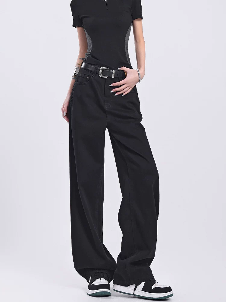 Quần jeans ống đứng đen retro mới của KEN STUDIO2025 dành cho nữ, cạp cao, dáng rộng, quần ống rộng tôn dáng