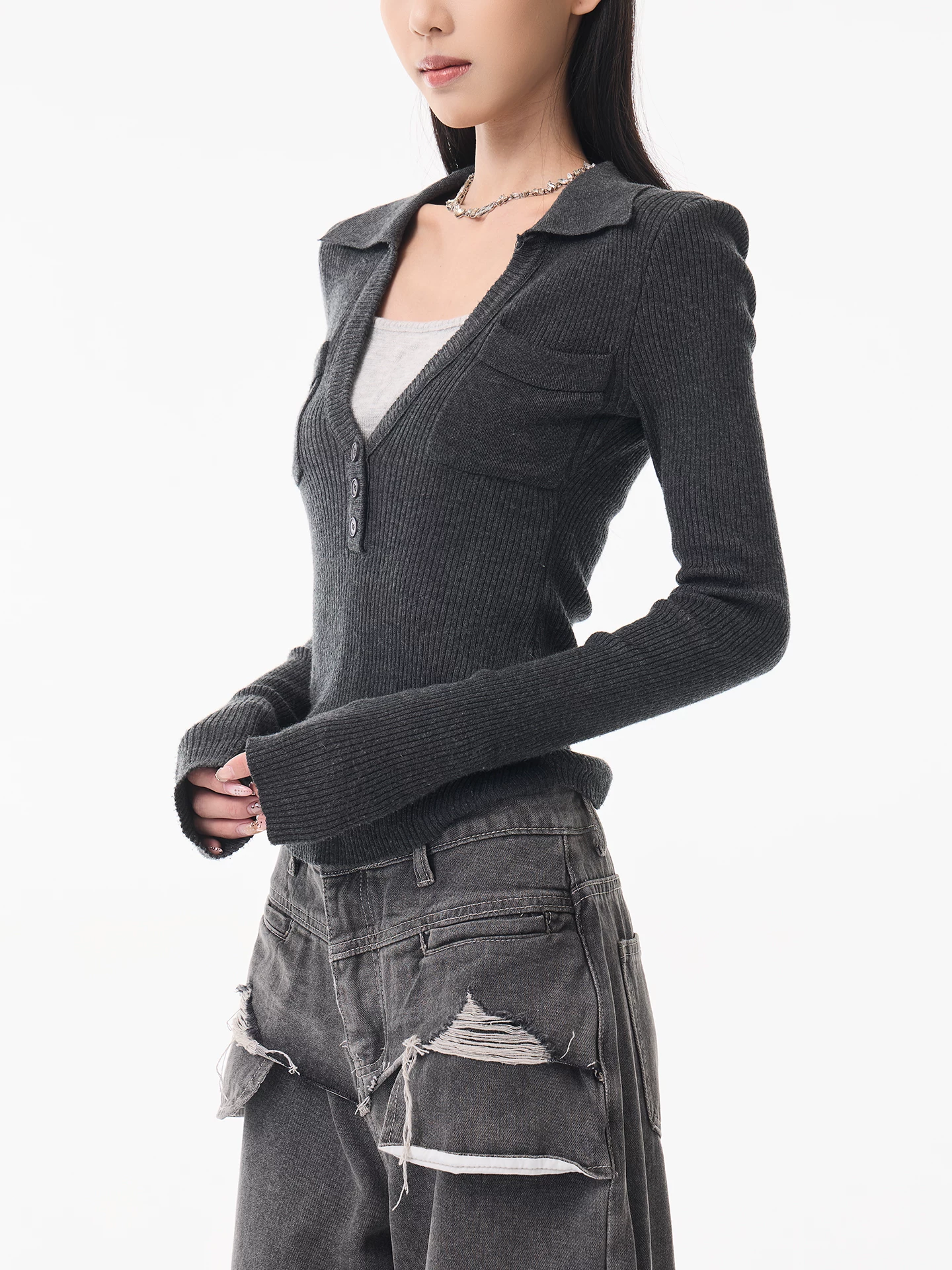 KEN STUDIO Xuân Thu Phong Cách Mới Màu Xám Đậm Áo Len Dệt Kim Giả Hai Mảnh Áo Len Dệt Kim Dài Tay Slim-Fit Áo Sơ Mi Dài Tay Cho Nữ