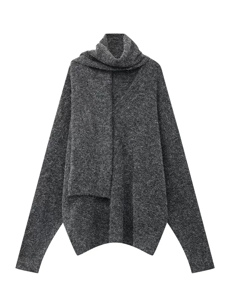 Bộ áo len dệt kim cổ V màu xám đậm thu đông mới của KEN STUDIO dành cho nữ, gồm áo dài tay rộng rãi và khăn quàng cổ, kiểu dáng thời trang