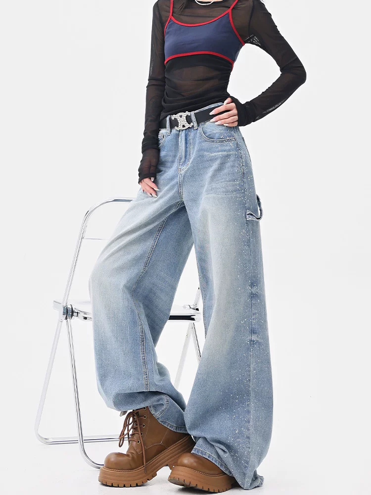 Quần jean màu xanh nhạt kiểu cổ điển của KEN STUDIO dành cho nữ, thiết kế mùa hè mới, quần ống rộng dáng rộng