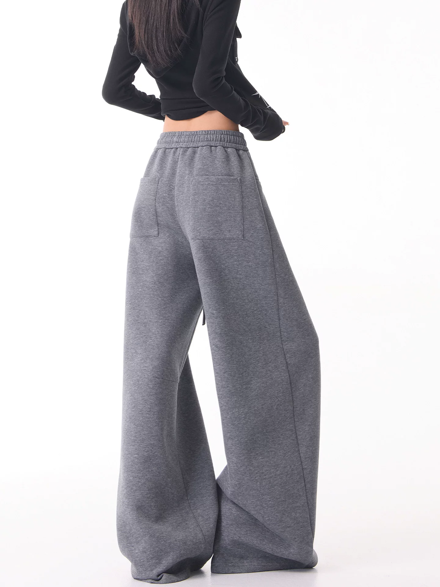 KEN STUDIO quần thể thao ống rộng màu xám dày dặn mới dành cho nữ, quần ống rộng có dây rút lưng cao, quần thường ngày.