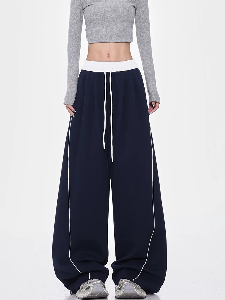 Quần thể thao dây rút màu xanh mùa thu đông của KEN STUDIO dành cho nữ, dáng rộng, tôn dáng, quần ống rộng dài đến sàn đa năng