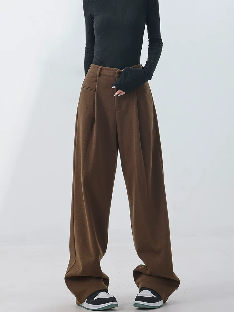 KEN STUDIO mùa thu đông dày dặn len ống thẳng phù hợp với quần âu quần âu nữ quần ống rộng quần âu quần dài