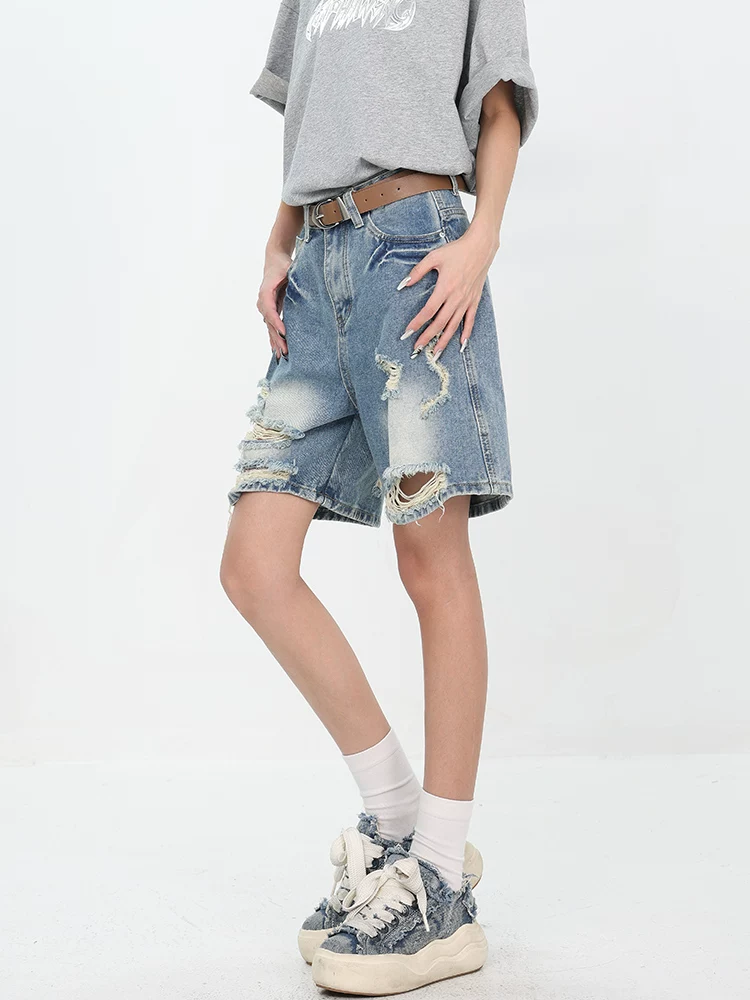 KEN STUDIO phong cách mới mùa hè của cô gái nóng bỏng kiểu Mỹ quần short denim rách theo phong cách retro quần ống rộng dáng rộng