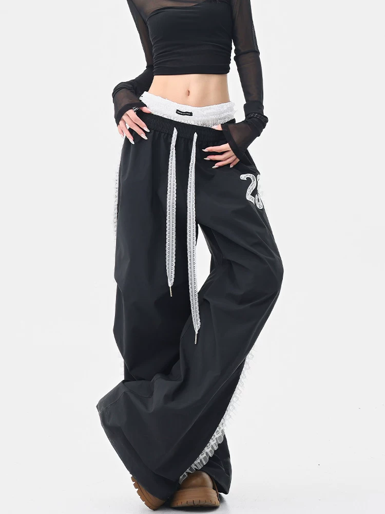 KEN STUDIO nhảy đường phố hợp thời trang thương hiệu ren chắp vá quần âu nữ dáng rộng thẳng lưng thun nhảy jazz quần mùa hè