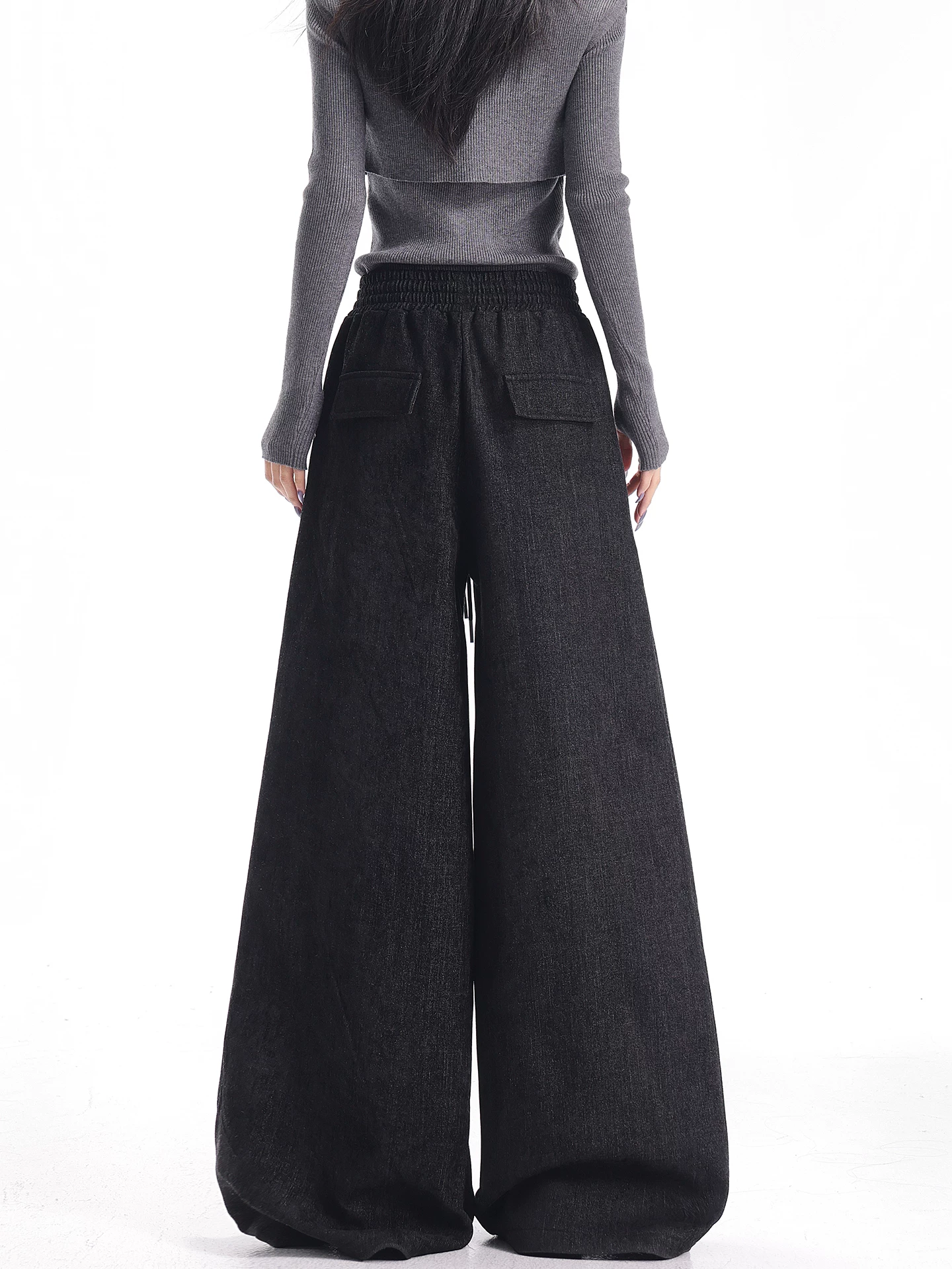 KEN STUDIO Quần thường ngày dày dặn lót lông cừu mùa thu đông mới dành cho nữ với thiết kế dây rút và quần ống rộng dài đến sàn