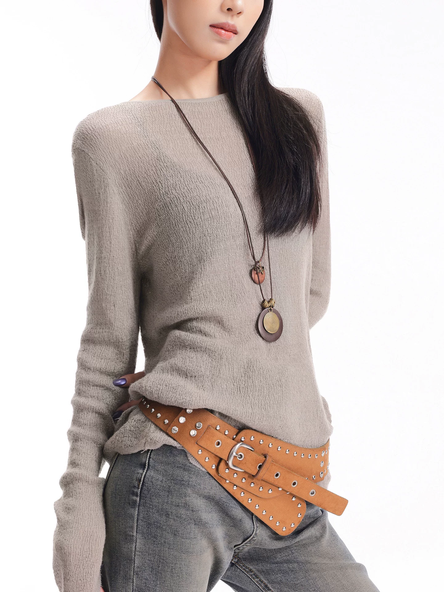 KEN STUDIO mới mùa thu đông áo thun dệt kim dài tay cổ tròn hơi xuyên thấu Áo thun nữ dáng rộng dáng rộng dài tay