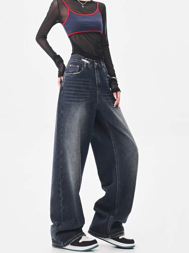 Quần jean ống rộng màu xanh đậm phong cách retro mùa hè và mùa thu của KEN STUDIO dành cho nữ, quần dài dáng rộng và tôn dáng thông thường