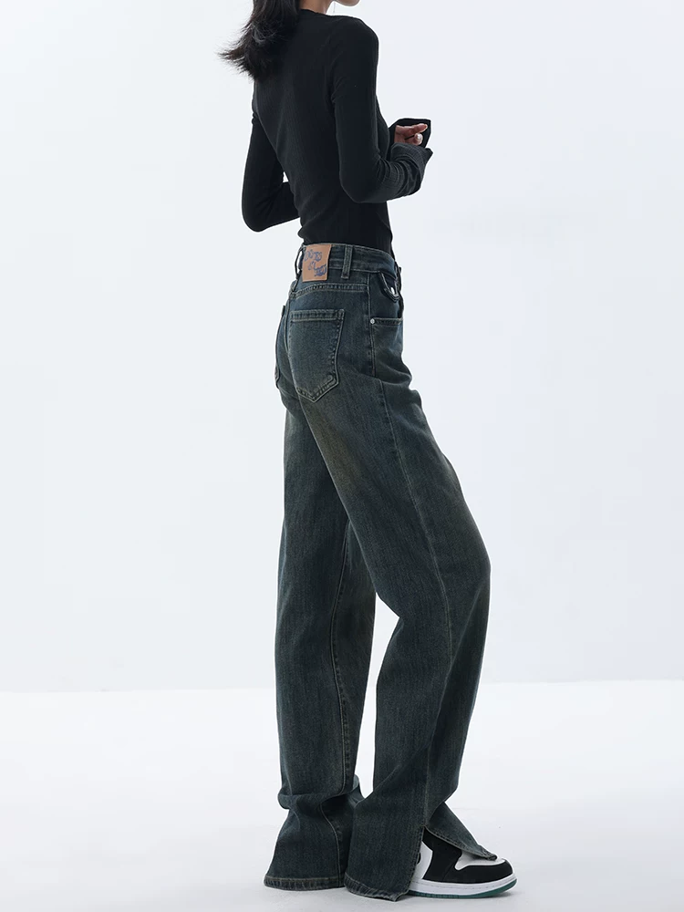 KEN STUDIO quần jean ống loe thu đông mới dành cho nữ với thiết kế xẻ tà, quần ống đứng thông thường, quần dài đến sàn