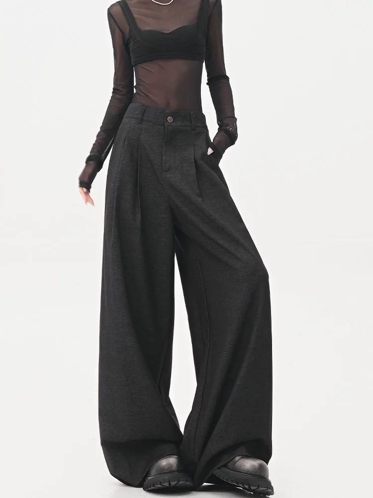 KEN STUDIO quần tây ống rộng màu đen mới mùa hè dành cho nữ, lưng quần bán co giãn, quần ống rộng dài đến sàn, quần tây.