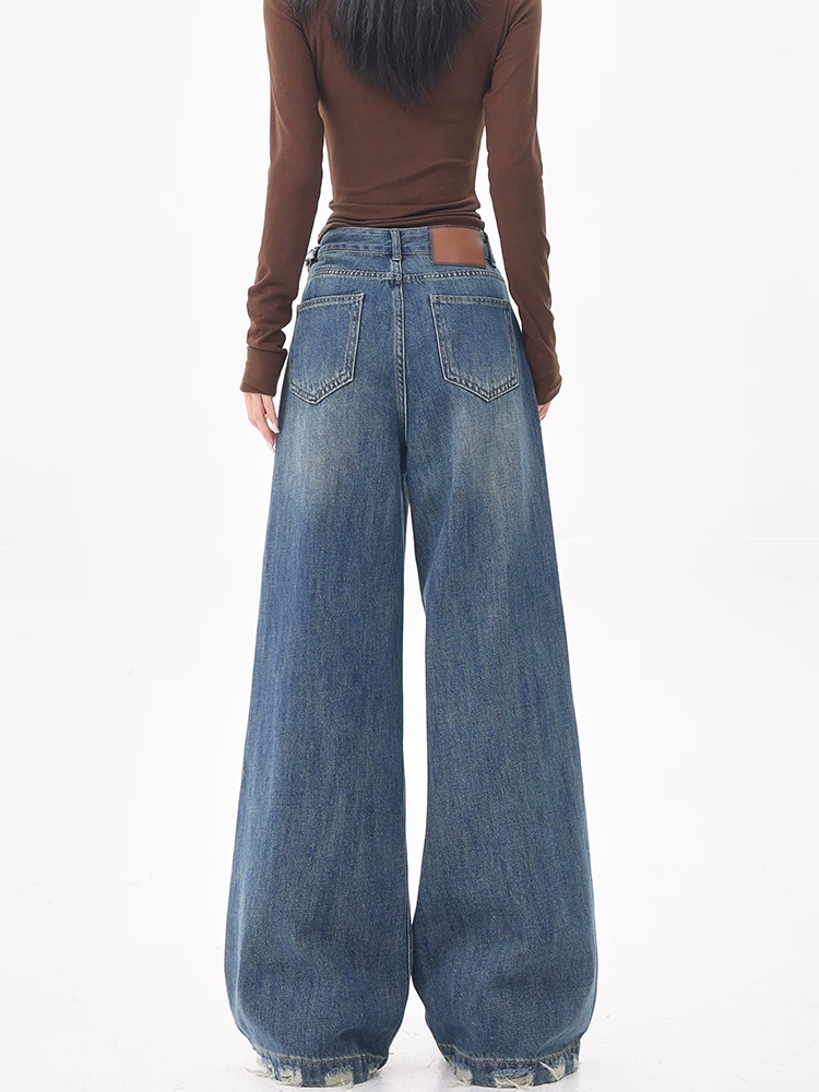 Quần jean lụa thiết kế cổ điển của KEN STUDIO dành cho nữ, quần ống rộng cạp cao mới được giặt mùa hè