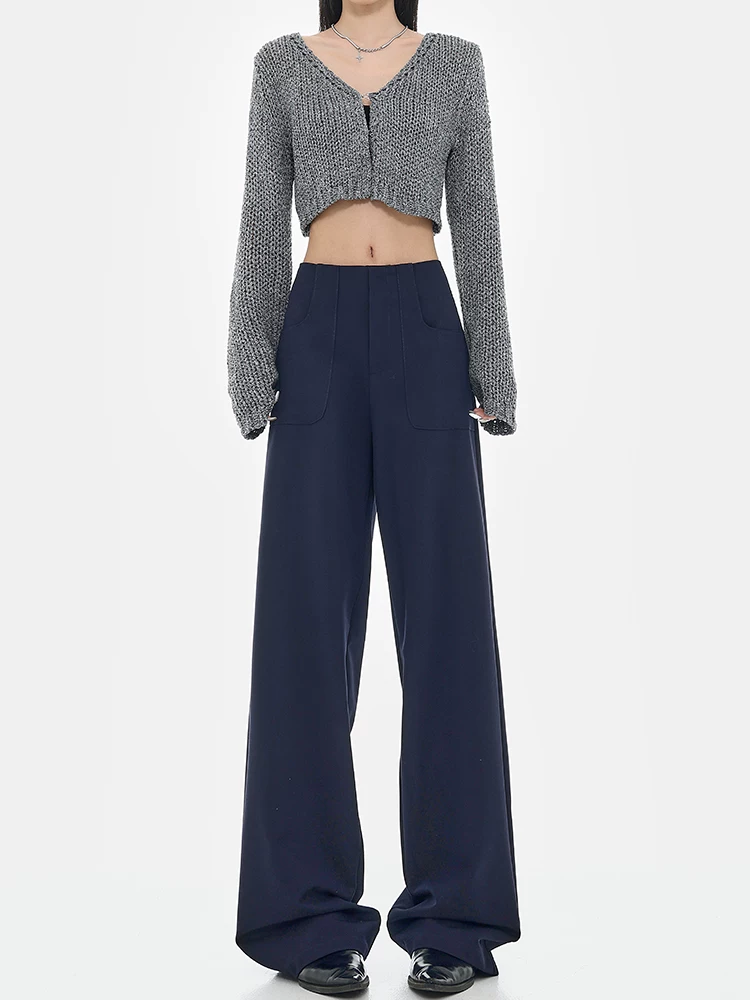 KEN STUDIO quần tây ống rộng màu xanh hải quân mới nguyên bản dành cho nữ, quần cạp cao, xếp nếp, quần thường ngày cao cấp