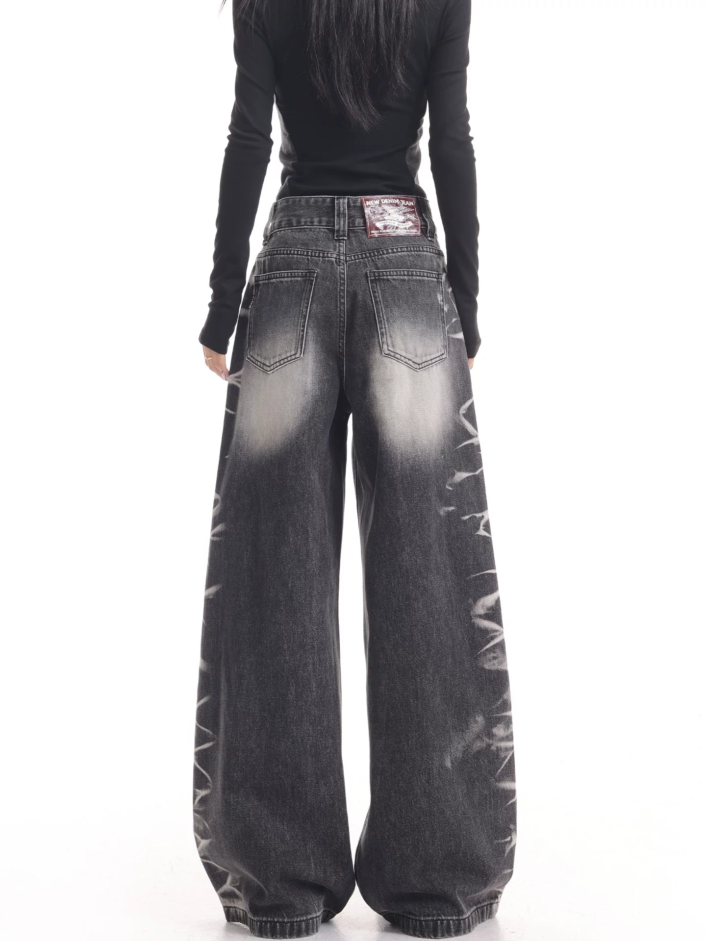 KEN STUDIO quần jean ống rộng màu đen cổ điển mới mùa thu đông dành cho nữ, quần dài màu phối màu đã qua xử lý, quần dài rộng đến sàn