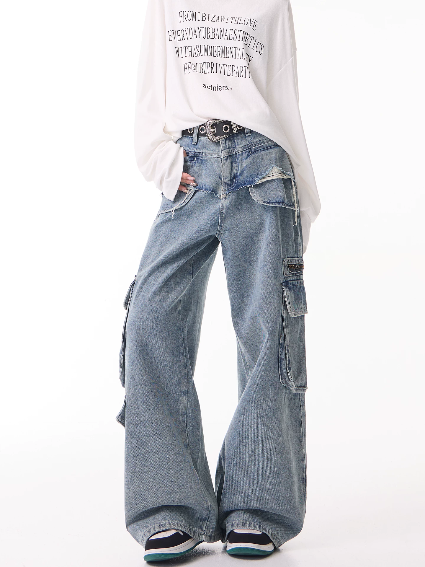 KEN STUDIO quần jean công sở thiết kế cổ điển kiểu Mỹ dành cho nữ, quần ống rộng lưng cao mới mùa xuân và mùa thu