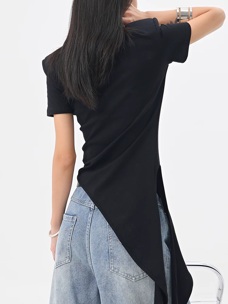 Áo thun ngắn tay xẻ tà bất đối xứng màu đen của KEN STUDIO dành cho nữ, thiết kế mùa hè, áo ôm vừa vặn