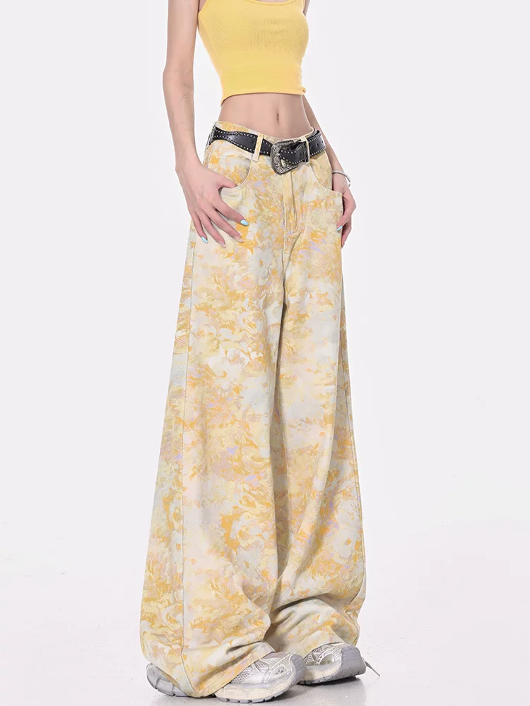 KEN STUDIO mùa hè mới quần jean in họa tiết tie-dye cổ điển dành cho nữ, quần ống rộng dài đến sàn dáng rộng giúp giảm béo