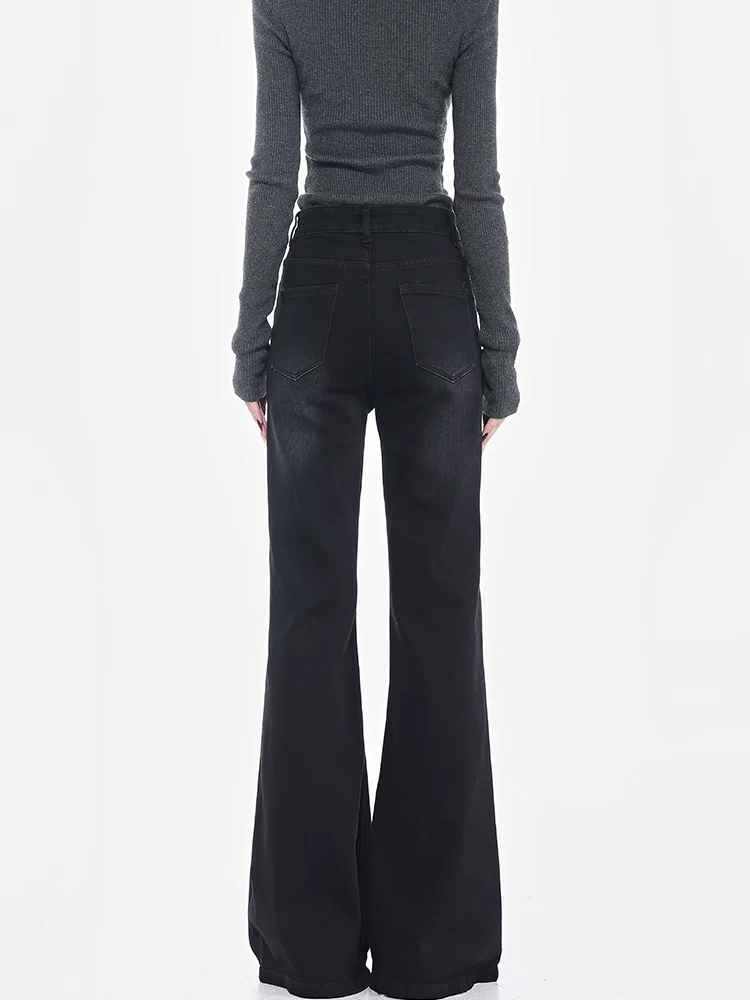 KEN STUDIO Xuân Thu Quần Jean ống loe màu đen mới dành cho nữ, Quần thun lưng cao co giãn giảm béo Hot Girl Quần đáy chuông