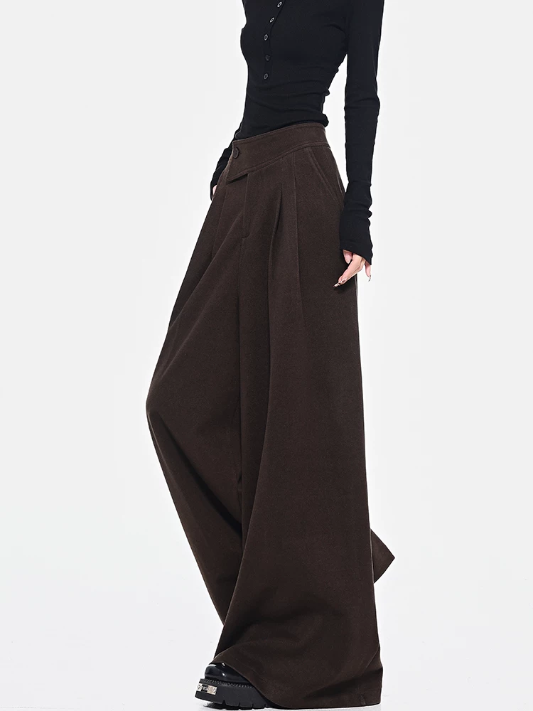 KEN STUDIO Quần len dày màu cà phê mới dành cho nữ mùa thu đông, quần ống rộng thiết kế nút chéo phong cách Melard