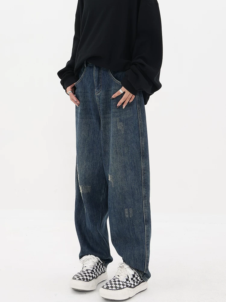 Quần jean harem màu xanh cổ điển của KEN STUDIO dành cho nữ, quần thường ngày dáng ôm dày hình quả cà rốt có lót lông cừu mùa thu đông.