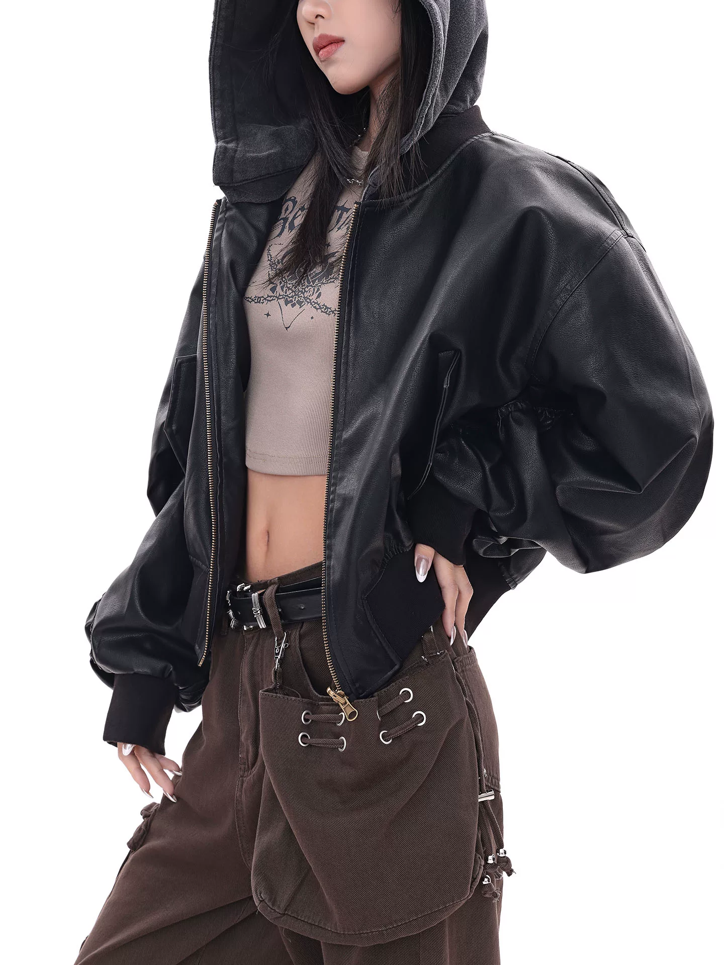 KEN STUDIO Áo khoác da có mũ trùm đầu màu đen mùa thu mới dành cho nữ, áo khoác cardigan ngắn kiểu cổ điển giản dị