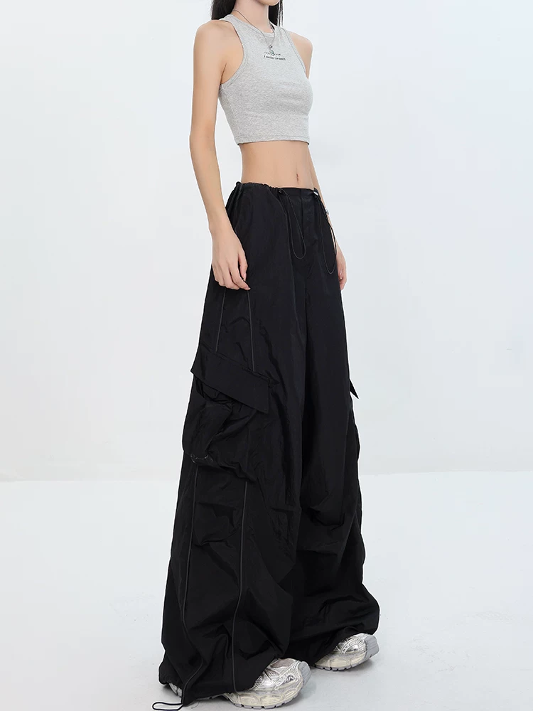 KEN STUDIO phong cách mới mùa hè phong cách đường phố Mỹ màu đen xếp ly dây rút thiết kế eo co giãn quần ống đứng