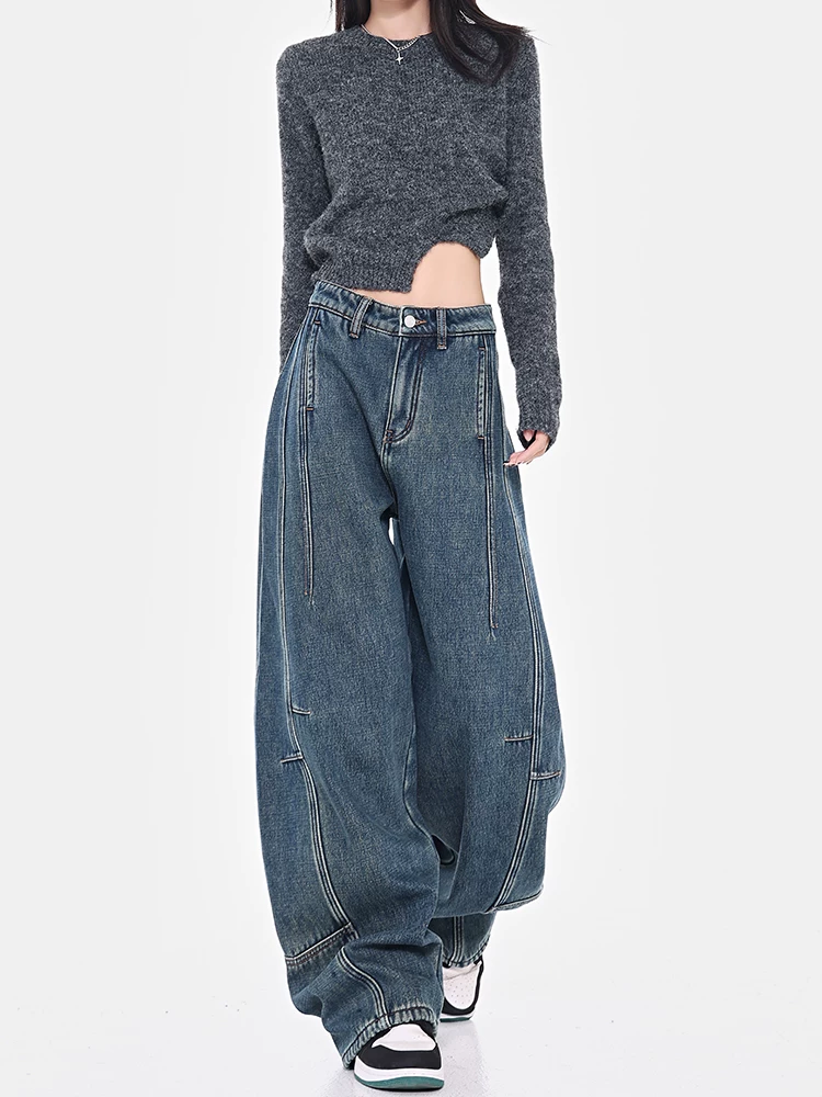 Quần jean lót lông cừu mùa thu đông của KEN STUDIO dành cho phụ nữ cao, quần ống rộng dáng rộng cực dài, quần chuối.