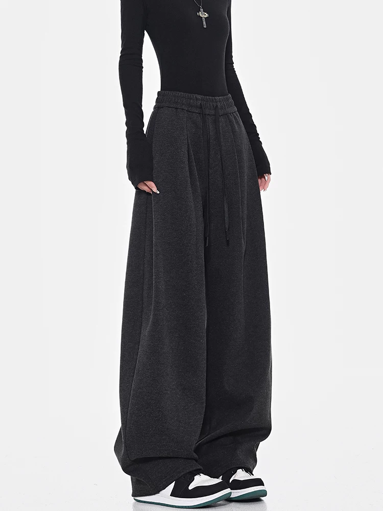 KEN STUDIO quần dài ống đứng có dây rút dày màu đen mùa thu đông dành cho nữ, quần thể thao dáng rộng, quần thể thao