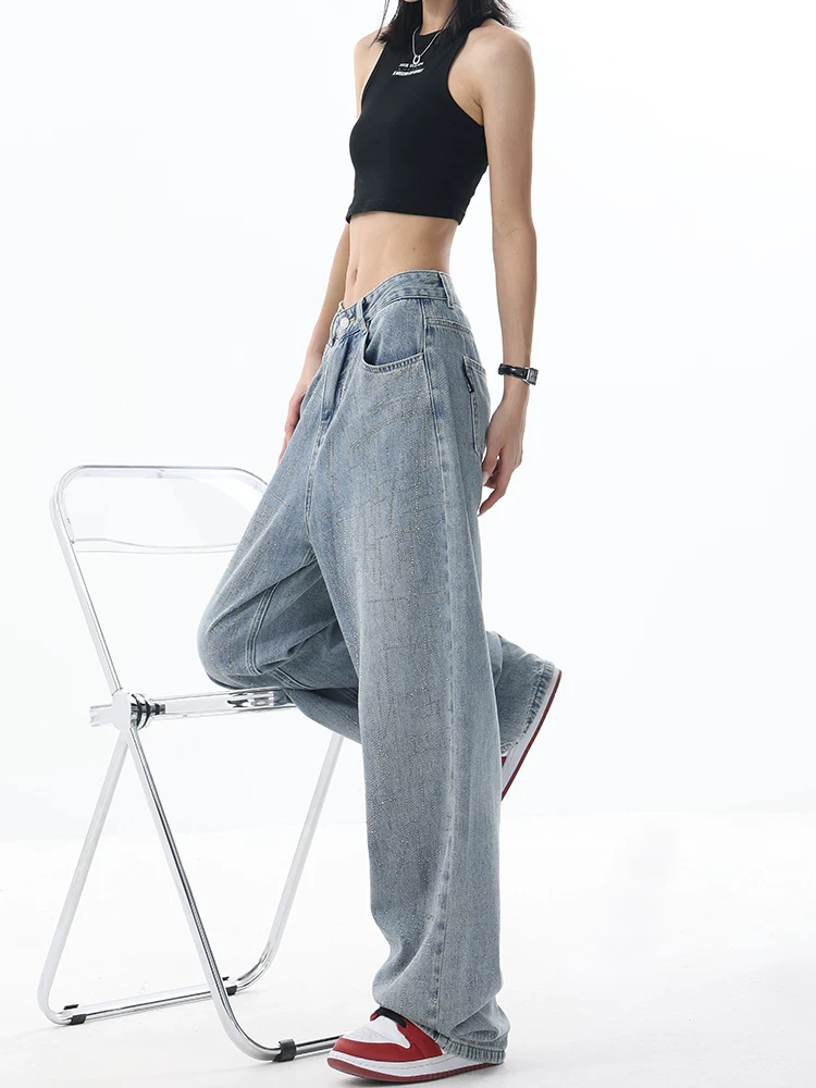 Quần jean denim xước đính đá thủ công kiểu mới xuân thu của KEN STUDIO dành cho nữ, thiết kế độc đáo, quần dài ống thẳng.