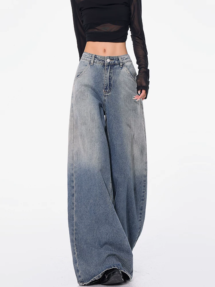 KEN STUDIO Xuân Thu Mới Xanh Dương Vintage gradient Quần Jean Nữ Cao Cấp Ống Rộng Quần Ống Suông Dài Đến Sàn