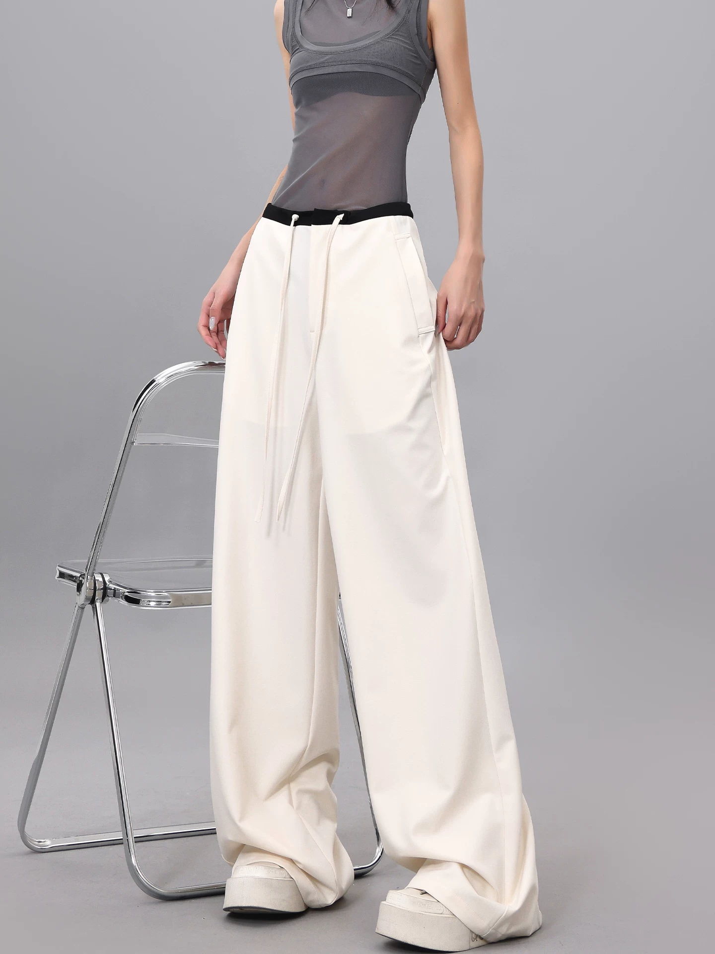 Quần dài dây rút phối màu KEN STUDIO dành cho nữ, phong cách mùa hè mới, đa năng, dáng rộng, dáng rộng, quần ống rộng