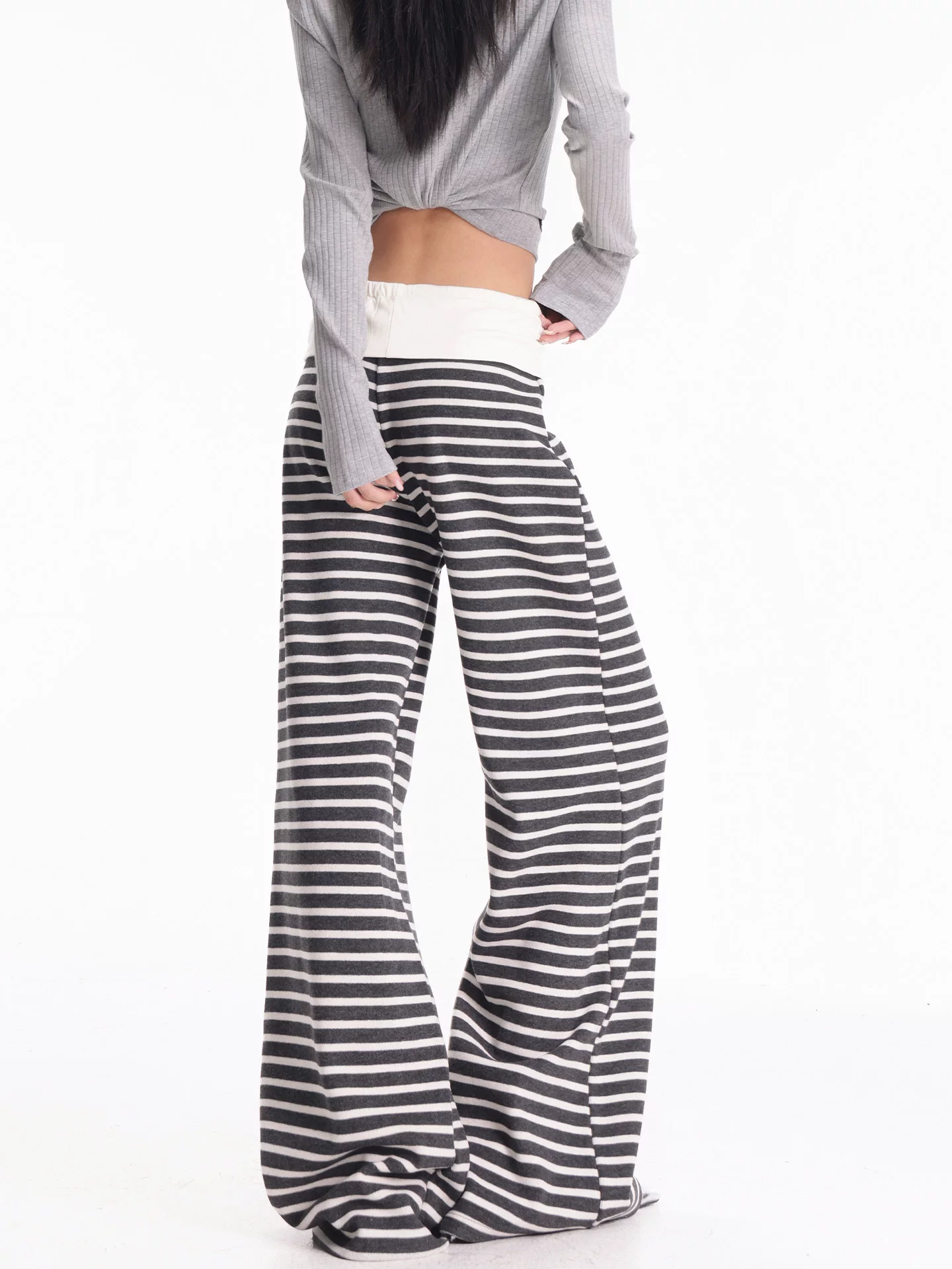 KEN STUDIO quần dài sọc kẻ màu phối màu mùa thu đông mới có lót lông cừu quần ống rộng dáng rộng đa năng quần dài đến sàn